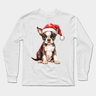 Boston Terrier Dog in Santa Hat Long Sleeve T-Shirt